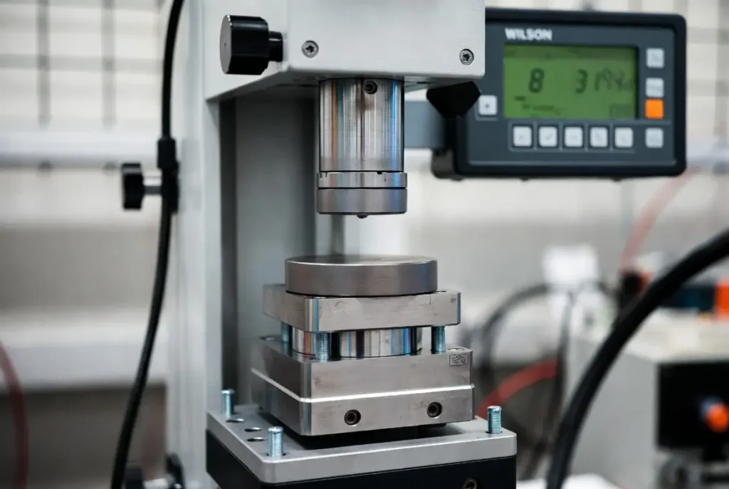 Rockwell hardness tester checking CNC machined part