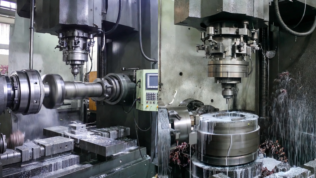 Comparative view of horizontal and vertical CNC boring mills during operation