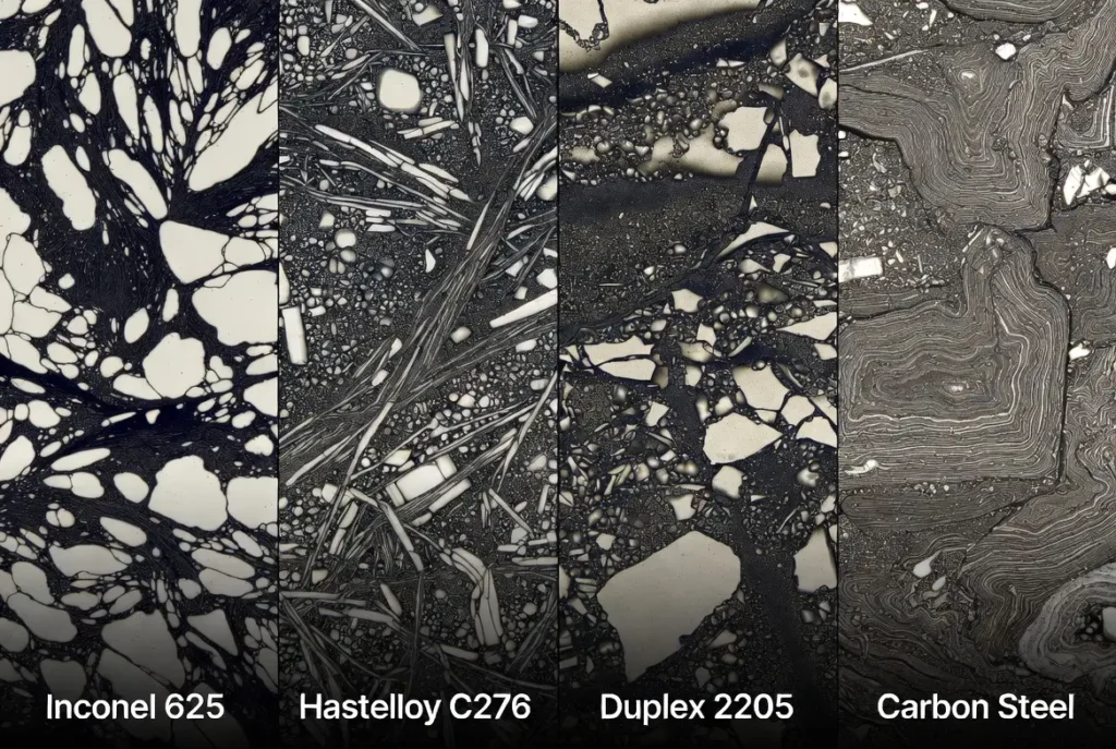 nconel Hastelloy Duplex vs carbon steel microstructure comparison for oil & gas CNC parts