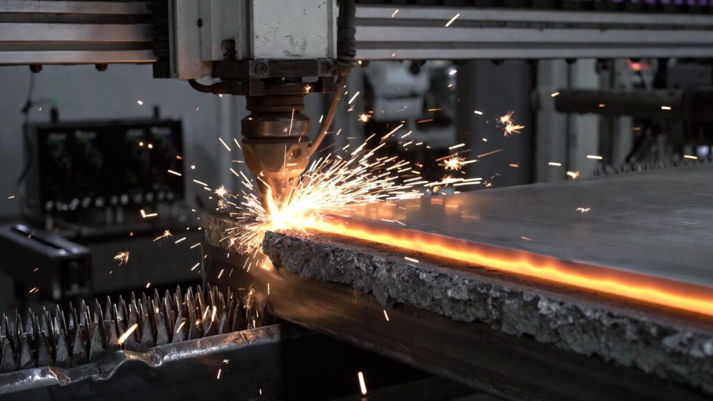Industrial laser cutting thick metal sheet with bright sparks and modern machine setup
