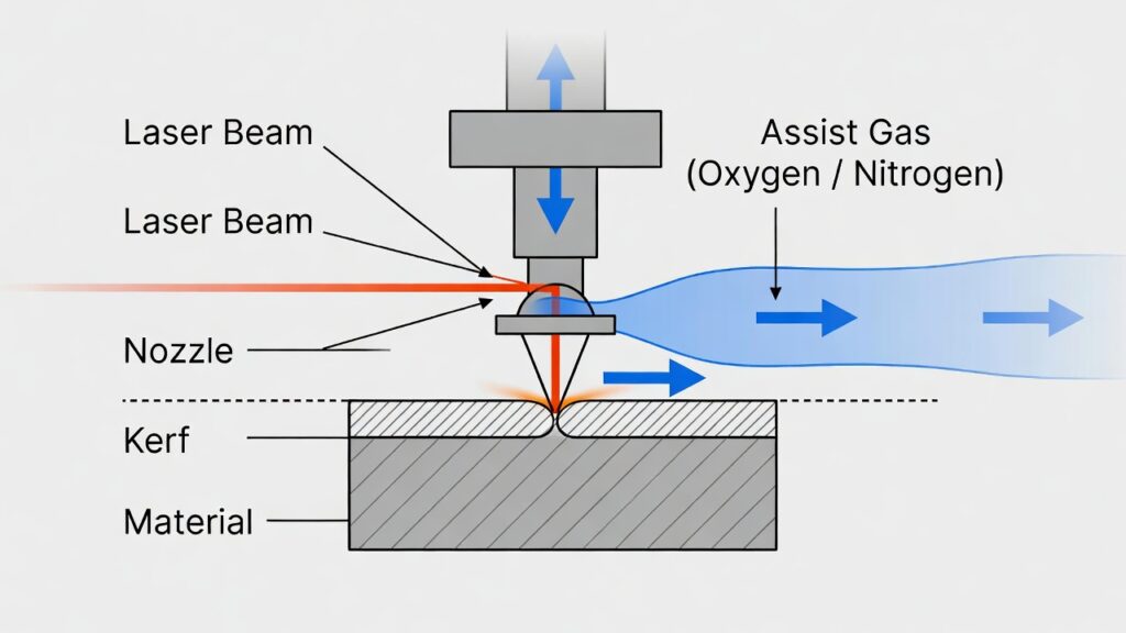Schematic of the laser cutting process showing beam focus, nozzle, assist gas flow, and kerf.