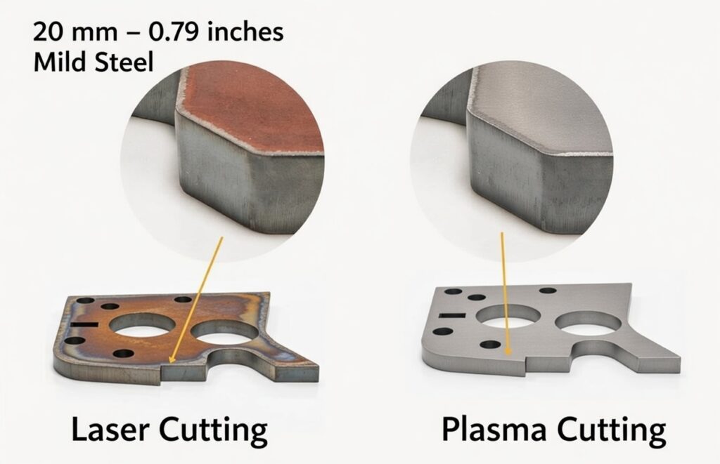 Side-by-side edge comparison: laser (left) gives a clean, smooth finish; plasma (right) shows striations, dross, and bevel typical of the process.