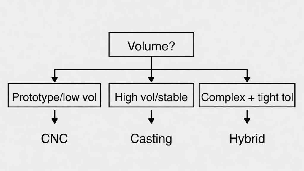 lowchart or decision tree graphic (e.g., start with "Volume?" → branches to "Prototype/low vol → CNC" / "High vol/stable → Casting" / "Complex + tight tol → Hybrid")