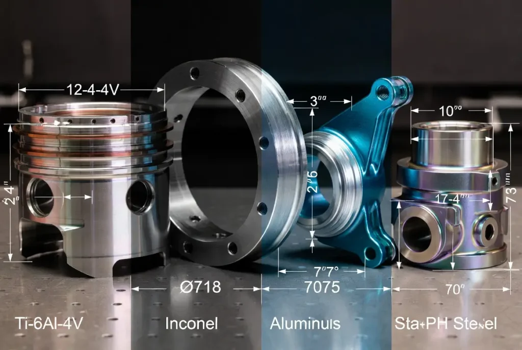 Parts made of different materials are displayed side by side
