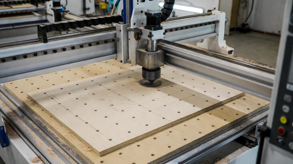 Modern CNC router with vacuum table holding large plywood sheet