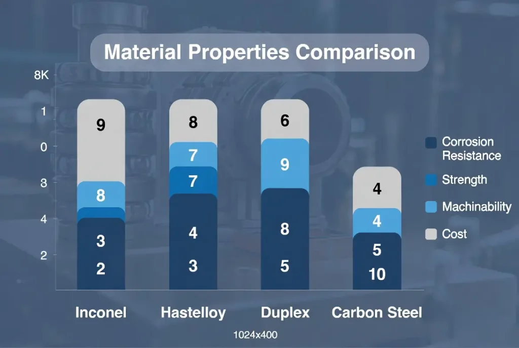 Inconel Hastelloy Duplex vs carbon steel comparison chart for oil & gas CNC parts
