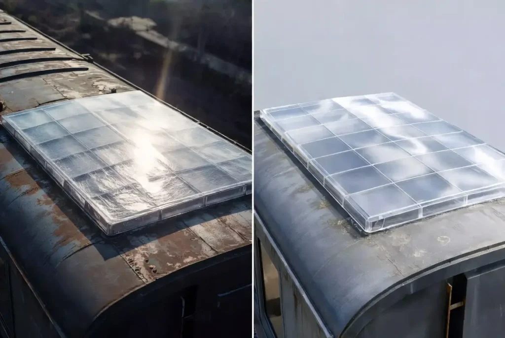 CNC router cutting sealing grooves and mounting holes in polycarbonate railroad skylight
