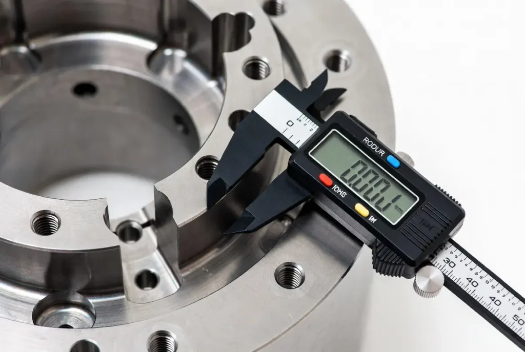 Close-up of precision CNC milled part with digital caliper showing 0.001mm tolerance