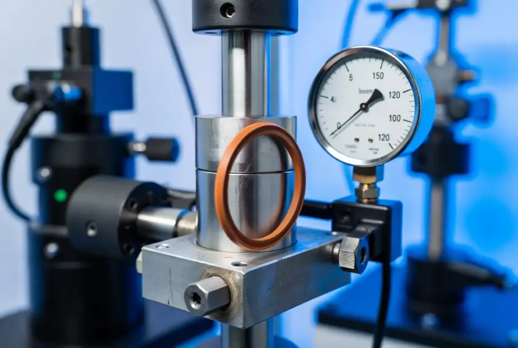 Custom railroad O-ring undergoing vibration and pressure testing in lab
