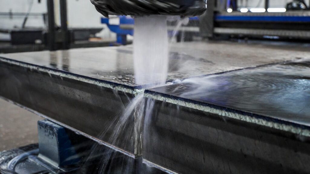  Waterjet cutting thick metal plate—demonstrating capability beyond typical laser limits